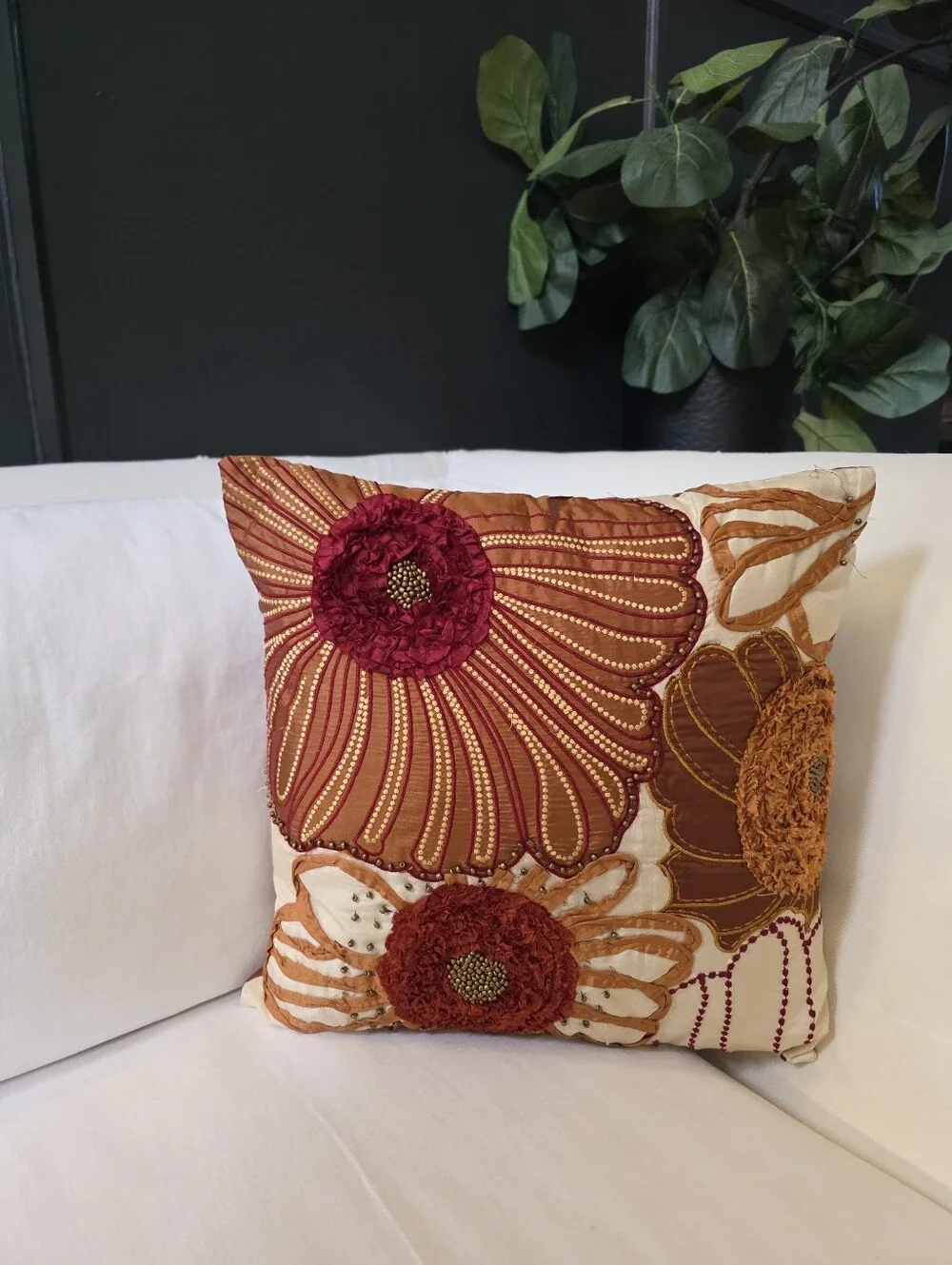 Pier 1 Floral Beaded Embroidered Square Ribbon Burgundy Rust Pillow Cover 18x18